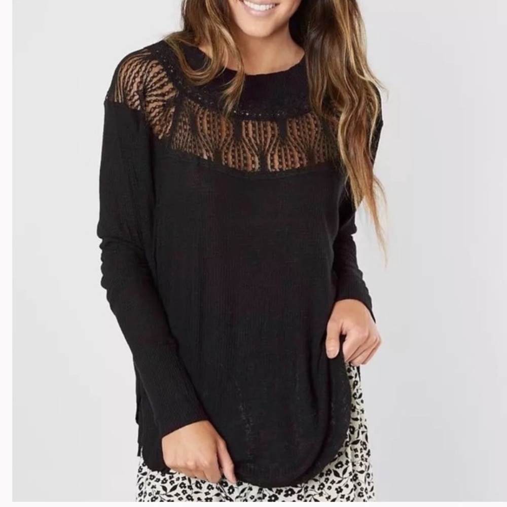 Free People Spring Valley Black Thermal Lace-Trim Top W-128 Sz Small